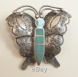Vintage Navajo Indian Sterling Silver & Turquoise Butterfly Pin Fancy Stamping