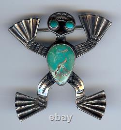 Vintage Navajo Indian Sterling Silver & Turquoise Frog Pin Brooch