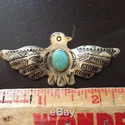 Vintage Navajo Indian Sterling Silver Turquoise Stamped Thunderbird Pin