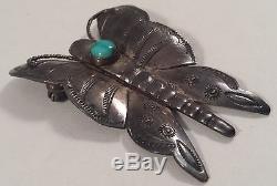 Vintage Navajo Indian Turquoise Sterling Silver Butterfly Pin Brooch