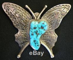 Vintage Navajo Large Turquoise With Tooled Sterling Silver Butterfly Brooch Pin