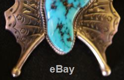 Vintage Navajo Large Turquoise With Tooled Sterling Silver Butterfly Brooch Pin
