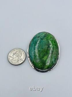 Vintage Navajo Native American Sterling Silver Large Green Turquoise Pin Pendant