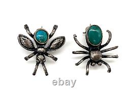 Vintage Navajo Native American Sterling Silver Turquoise Small Spider Bee Pin