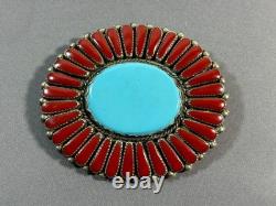 Vintage Navajo Native American Turquoise & Coral Silver Pin Brooch