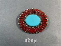 Vintage Navajo Native American Turquoise & Coral Silver Pin Brooch