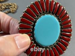 Vintage Navajo Native American Turquoise & Coral Silver Pin Brooch