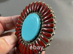 Vintage Navajo Native American Turquoise & Coral Silver Pin Brooch