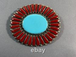 Vintage Navajo Native American Turquoise & Coral Silver Pin Brooch