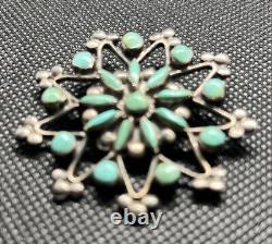 Vintage Navajo Native American Turquoise Sterling Silver Brooch Pin Star Circle