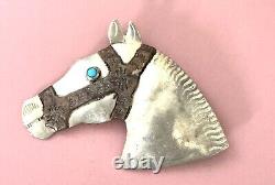 Vintage Navajo Native Horse Turquoise Bridal Hand Stamped Silver Brooch Pin