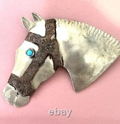 Vintage Navajo Native Horse Turquoise Bridal Hand Stamped Silver Brooch Pin