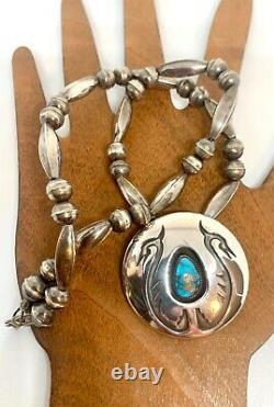Vintage Navajo Pearl Sterling Silver Turquoise Pendant Pin Beaded Necklace