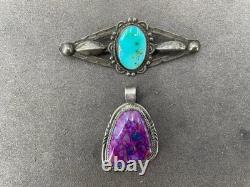 Vintage Navajo Purple Pendant Signed AB & Turquoise Sterling Silver Brooch Pin