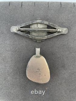 Vintage Navajo Purple Pendant Signed AB & Turquoise Sterling Silver Brooch Pin