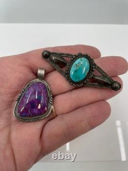 Vintage Navajo Purple Pendant Signed AB & Turquoise Sterling Silver Brooch Pin