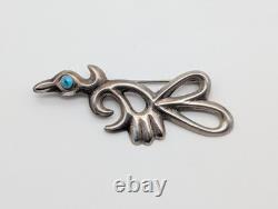 Vintage Navajo Sandcast Sterling Silver Turquoise Roadrunner Bird Brooch Pin