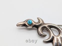 Vintage Navajo Sandcast Sterling Silver Turquoise Roadrunner Bird Brooch Pin