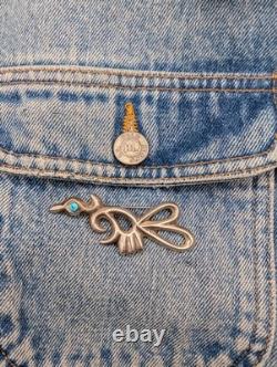 Vintage Navajo Sandcast Sterling Silver Turquoise Roadrunner Bird Brooch Pin