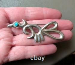 Vintage Navajo Sandcast Sterling Silver Turquoise Roadrunner Bird Brooch Pin