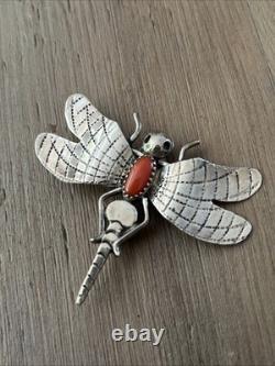 Vintage Navajo Signed Fatoya Yazzie Dragonfly Sterling Silver Coral Brooch Pin