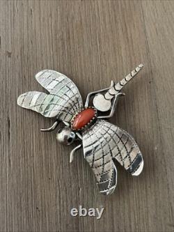 Vintage Navajo Signed Fatoya Yazzie Dragonfly Sterling Silver Coral Brooch Pin