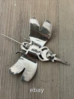 Vintage Navajo Signed Fatoya Yazzie Dragonfly Sterling Silver Coral Brooch Pin