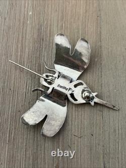Vintage Navajo Signed Fatoya Yazzie Dragonfly Sterling Silver Coral Brooch Pin