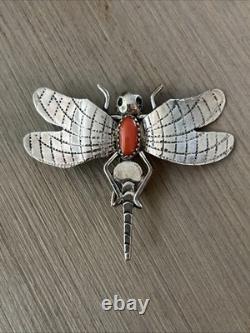 Vintage Navajo Signed Fatoya Yazzie Dragonfly Sterling Silver Coral Brooch Pin