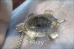 Vintage Navajo Signed Native American Platero Fne Turquoise Turtle Pin Pendant