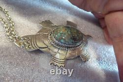 Vintage Navajo Signed Native American Platero Fne Turquoise Turtle Pin Pendant