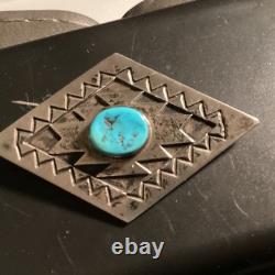 Vintage Navajo Signed R Monte Hand Stamped Sterling Silver & Turquoise Brooch