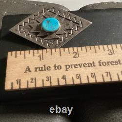 Vintage Navajo Signed R Monte Hand Stamped Sterling Silver & Turquoise Brooch