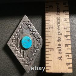 Vintage Navajo Signed R Monte Hand Stamped Sterling Silver & Turquoise Brooch
