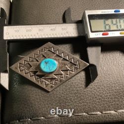 Vintage Navajo Signed R Monte Hand Stamped Sterling Silver & Turquoise Brooch