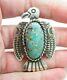 Vintage Navajo Signed Stamped Turquoise Thunderbird Sterling 1 7/8 Brooch Pin