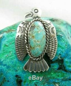 Vintage Navajo Signed Stamped Turquoise Thunderbird Sterling 1 7/8 Brooch Pin