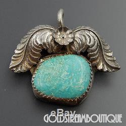 Vintage Navajo Signed Sterling Silver Dry Creek Turquoise Flower Feather Pendant