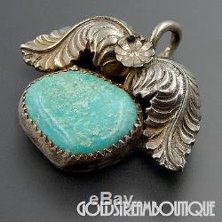 Vintage Navajo Signed Sterling Silver Dry Creek Turquoise Flower Feather Pendant