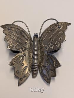 Vintage Navajo Silver Butterfly Brooch Hand Stamped Coil Body 2.25