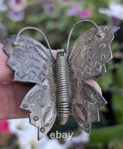 Vintage Navajo Silver Butterfly Brooch Hand Stamped Coil Body 2.25
