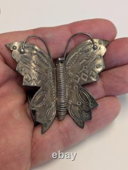Vintage Navajo Silver Butterfly Brooch Hand Stamped Coil Body 2.25