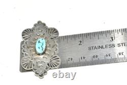 Vintage Navajo Silver Handmade Brooch with Centered Turquoise Nug F Arviso