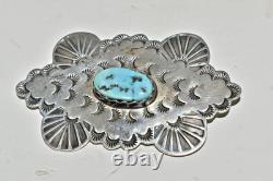 Vintage Navajo Silver Handmade Brooch with Centered Turquoise Nug F Arviso