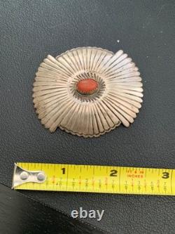 Vintage Navajo Silver Red Coral Concho Brooch Pin Large 2.25 Sunburst Unsigned