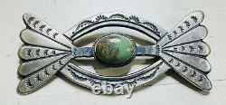 Vintage Navajo Stamped Sterling Silver Green Turquoise Brooch Pin 3 Signed