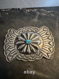 Vintage Navajo Sterling Hand Stamped Turquoise Concho Brooch 12.58 Grams