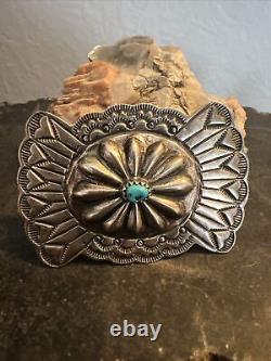 Vintage Navajo Sterling Hand Stamped Turquoise Concho Brooch 12.58 Grams