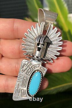 Vintage Navajo Sterling Silver Blue Turquoise Large 3D Kachina Pin Pendant