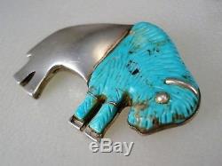 Vintage Navajo Sterling Silver & Carved Turquoise Buffalo Pin Necklace Pendant
